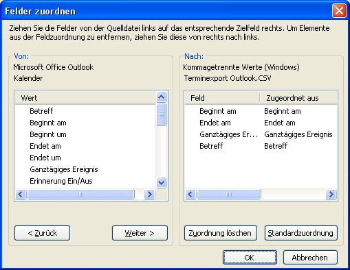 Outlook-Dialogfenster 'Felder zuordnen'