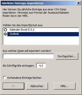 Dialogfenster 'J�hrliche Eintr�ge importieren'