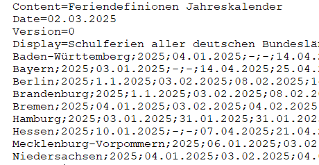 Beispiel einer Schulferiendefinitionsdatei (Ausschnitt)