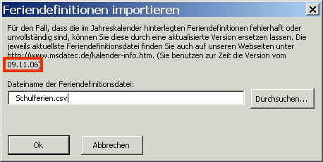 Dialogfenster 'Feriendefinitionen importieren'