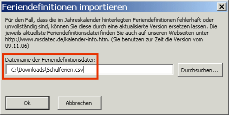 Dialogfenster 'Feriendefinitionen importieren - Eingabe des Dateinamens'